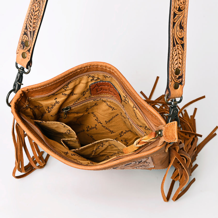 American Darling Messenger Bag, Hand Tooled Floral Leather, Hair-On Cowhide with Fringes, Western Crossbody Travel Purse