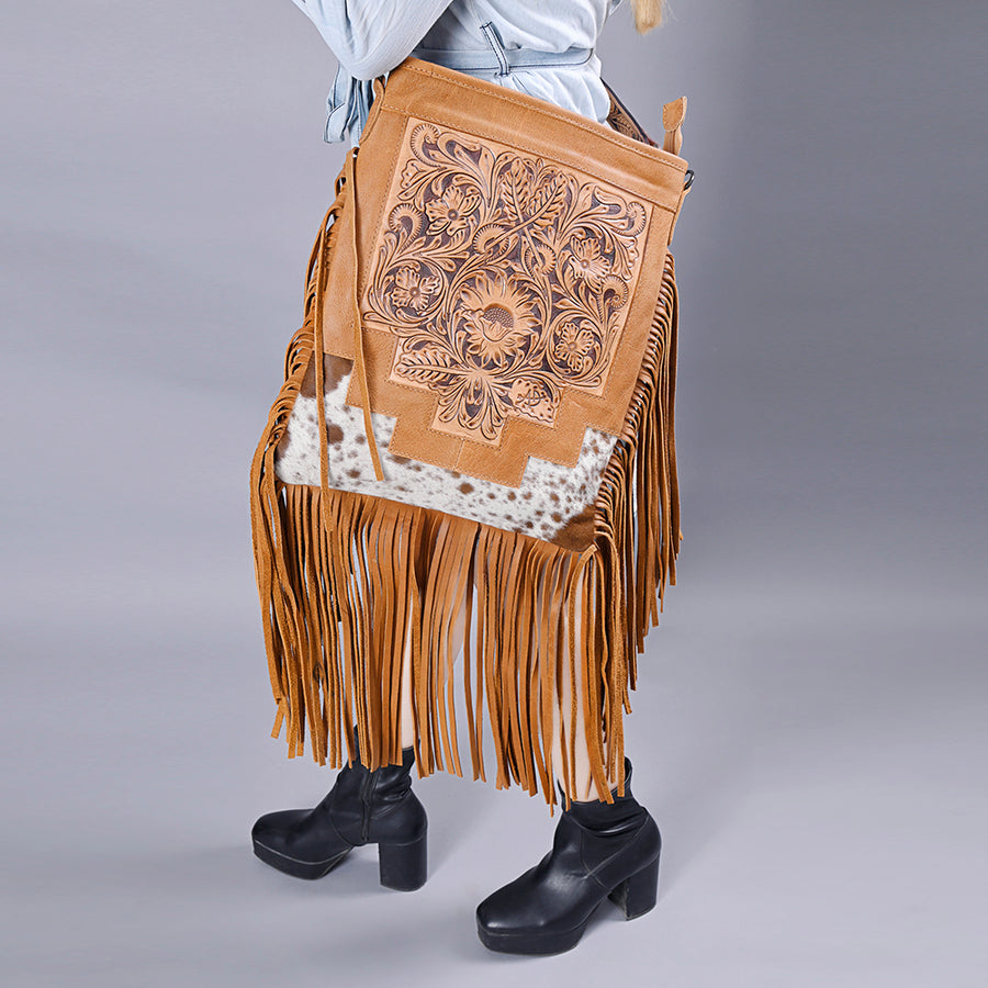 American Darling Messenger Bag, Hand Tooled Floral Leather, Hair-On Cowhide with Fringes, Western Crossbody Travel Purse