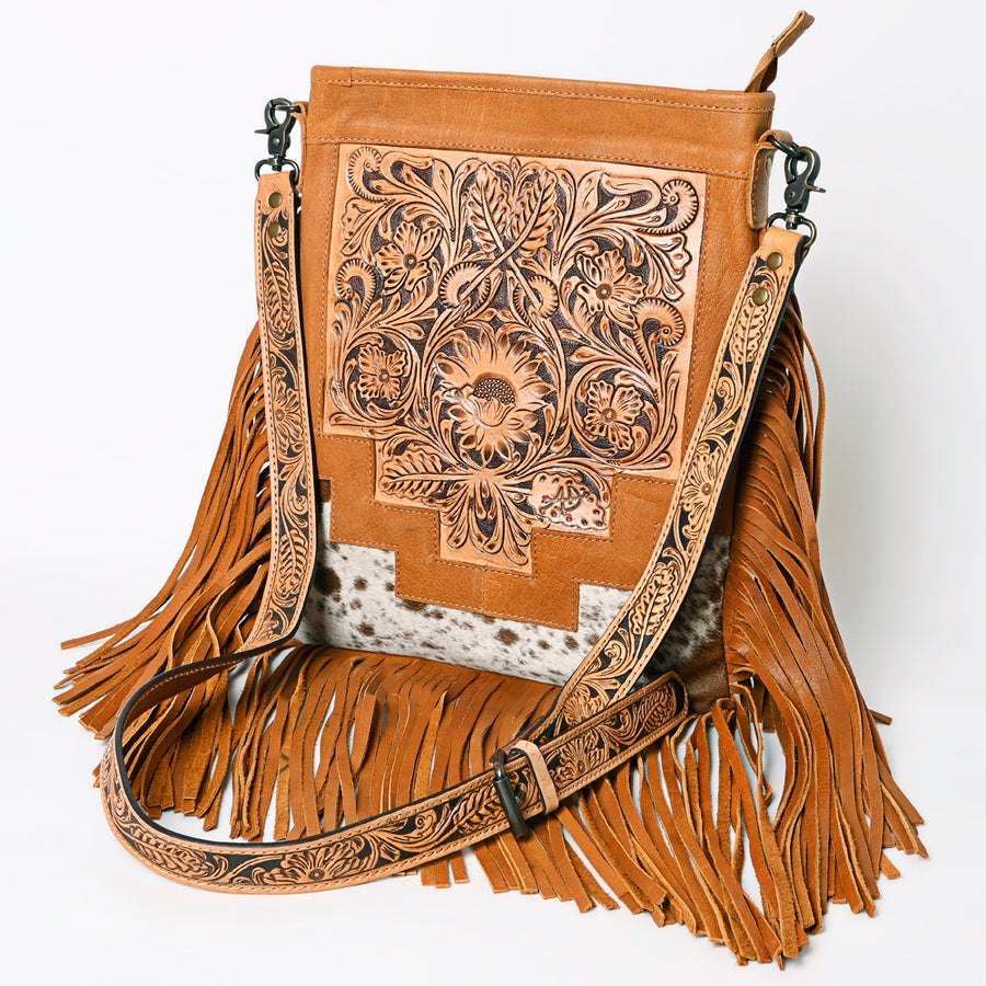 American Darling Messenger Bag - Hand Tooled Floral Leather and Hair-On Cowhide Purse - Uhorse