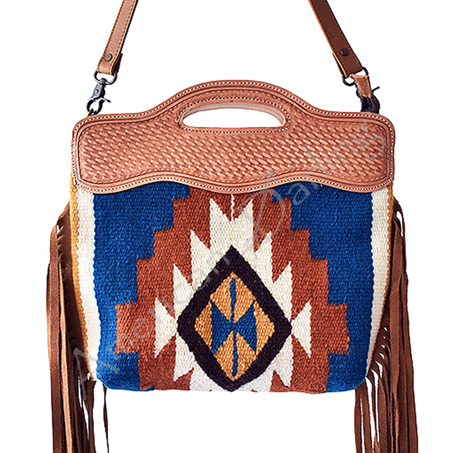Leather and wool shoulder bag with geometric Native American pattern and fringe - Uhorse