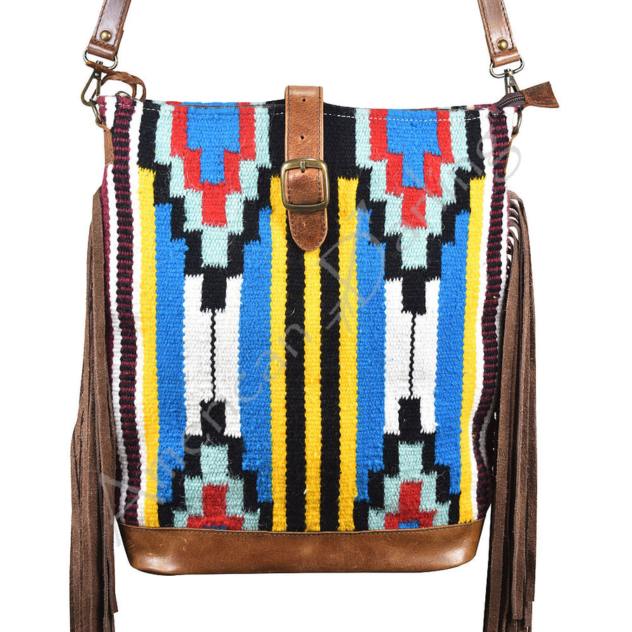 Geometric patterned wool shoulder bag with leather trim and fringe - Uhorse