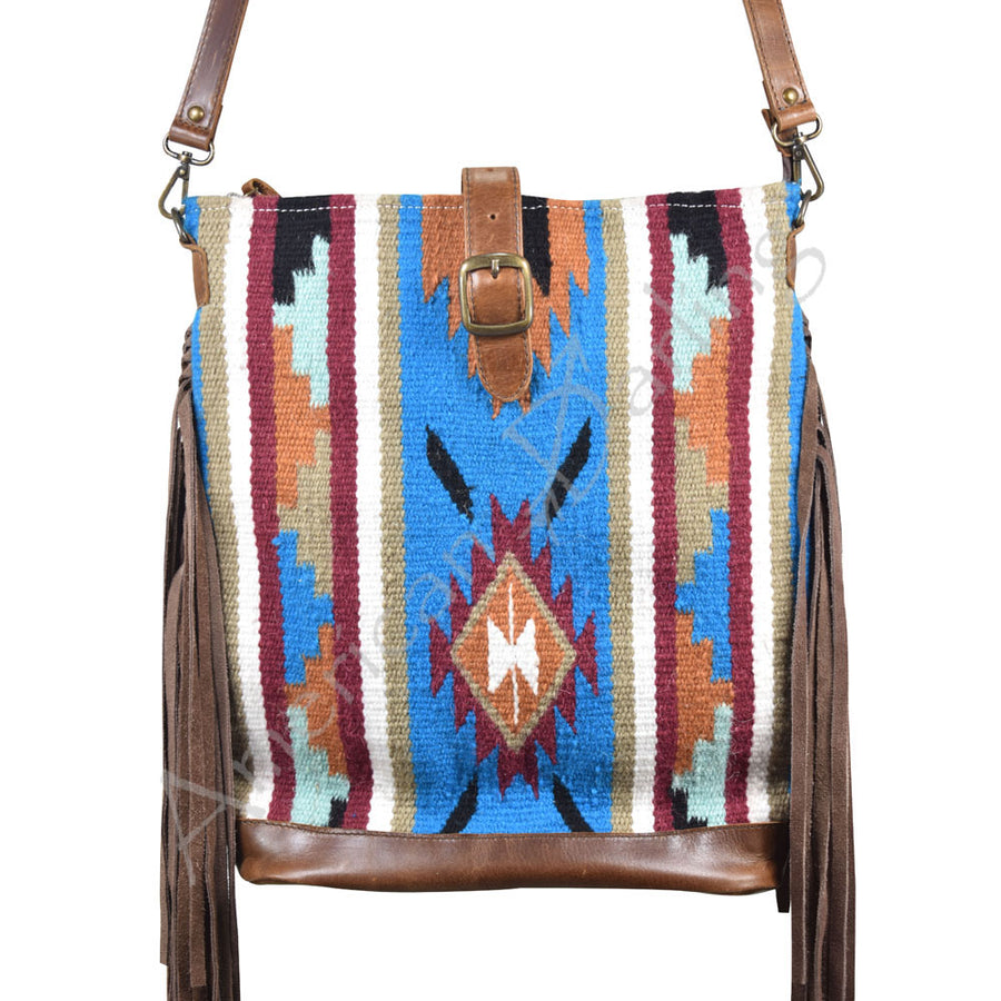 Woven geometric shoulder bag with leather fringe and brown leather trim - Uhorse