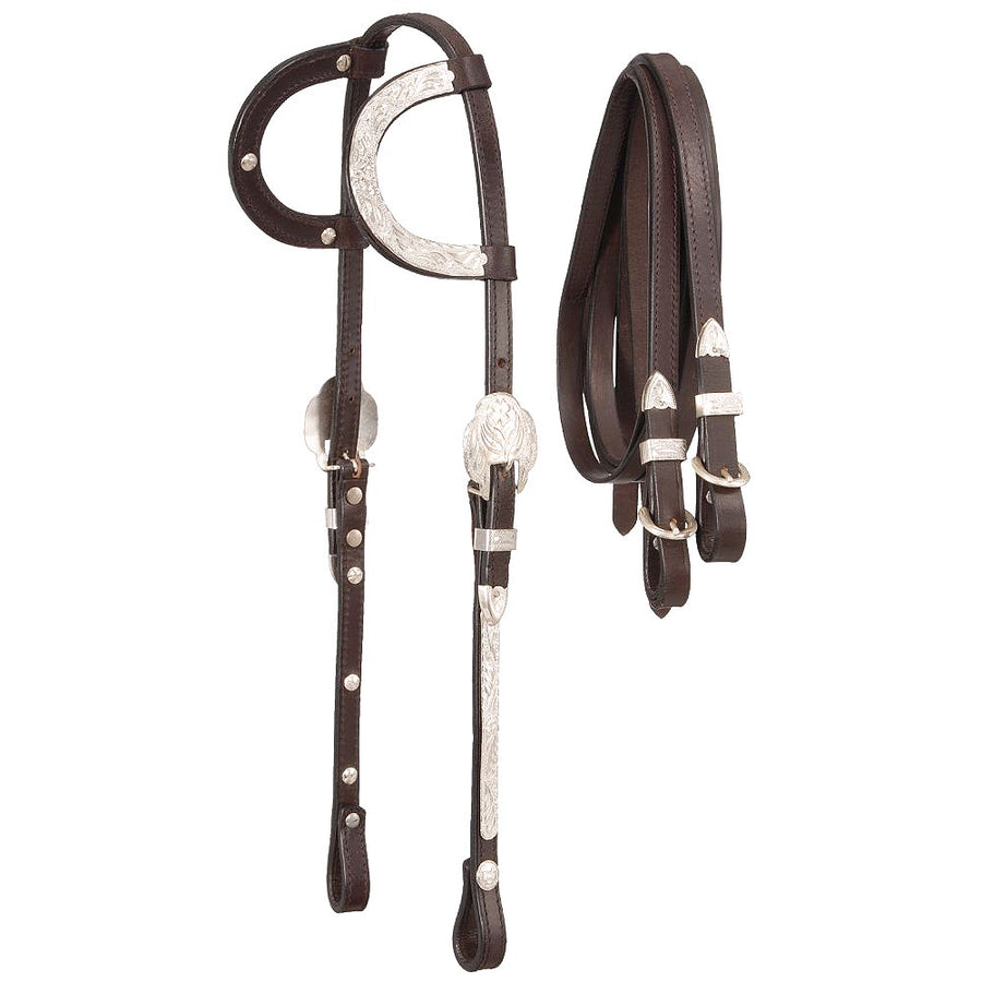 Tough 1 H. Headstall Leather Royal King Double Ear Silver W/ Reins – by Hilason – Cowboy and equestrian accessories
