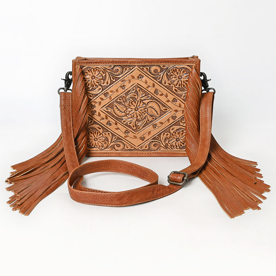 American Darling Cross Body Bag, Hand Tooled Floral Leather, Genuine Vegetable-Tanned Full Grain Leather Purse with Fringes