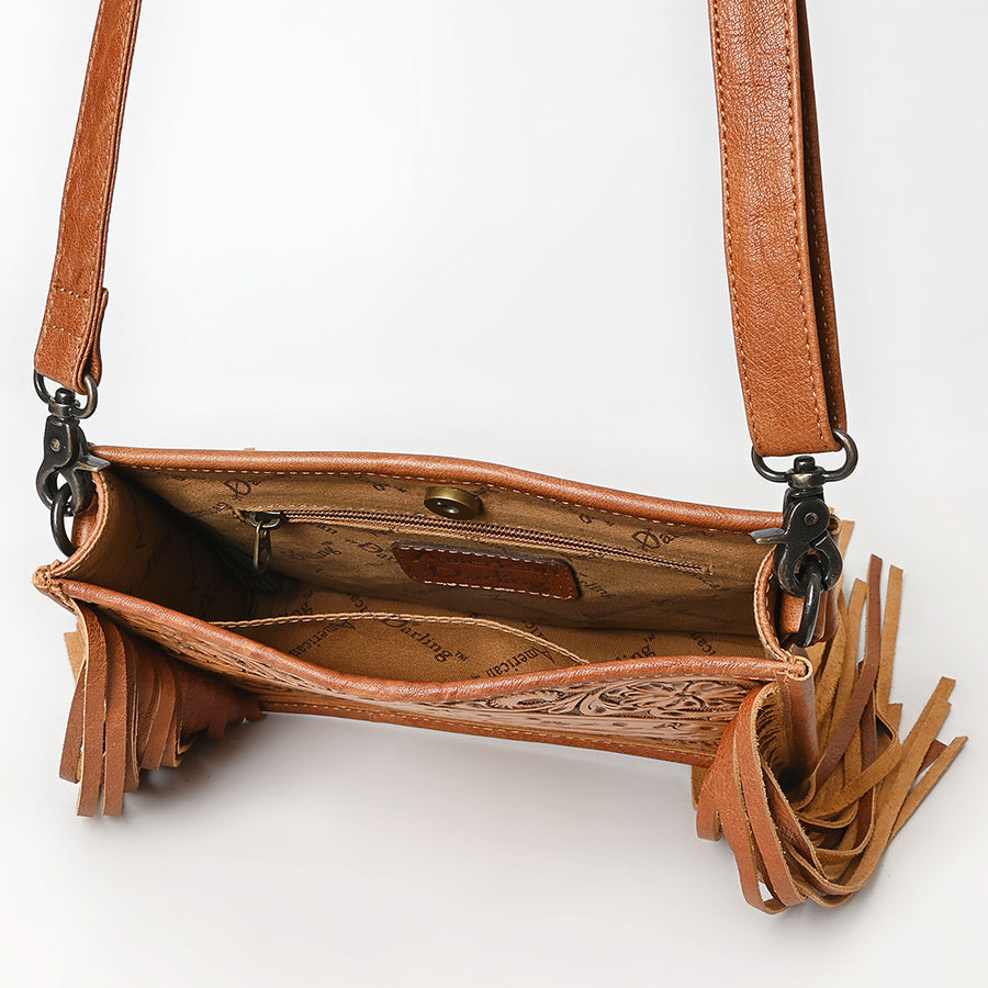 American Darling Cross Body Bag, Hand Tooled Floral Leather, Genuine Vegetable-Tanned Full Grain Leather Purse with Fringes