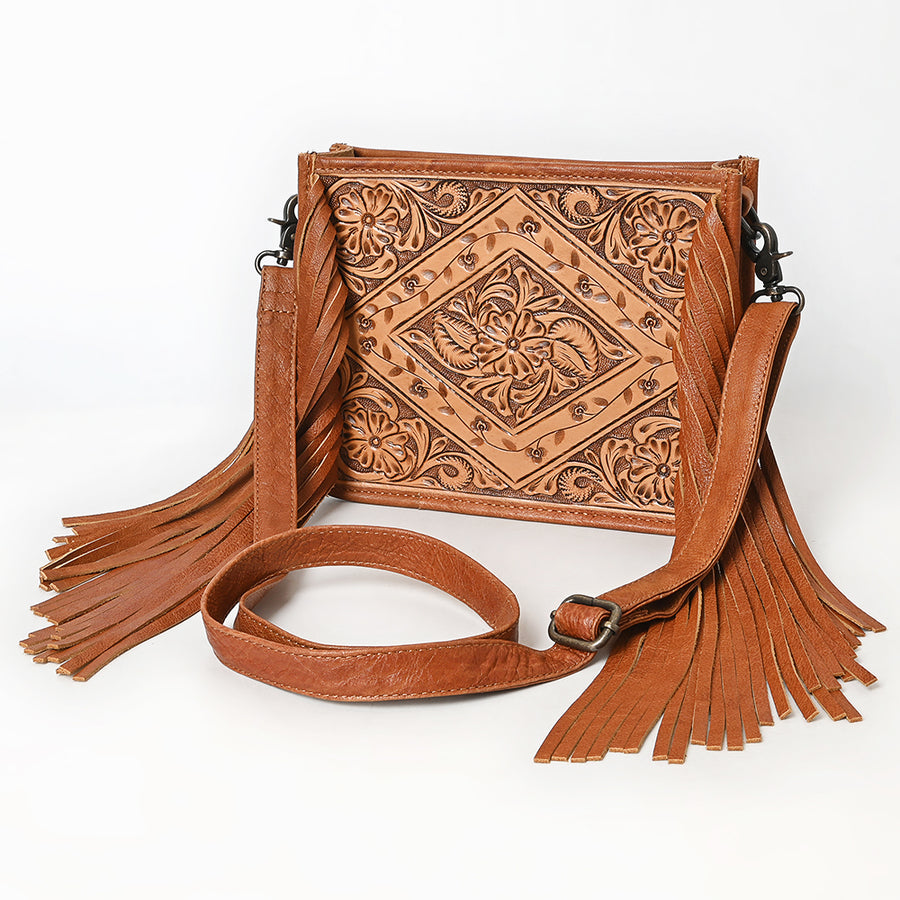 American Darling Cross Body Bag - Hand Tooled Floral Leather Western Purse with Fringes - Uhorse