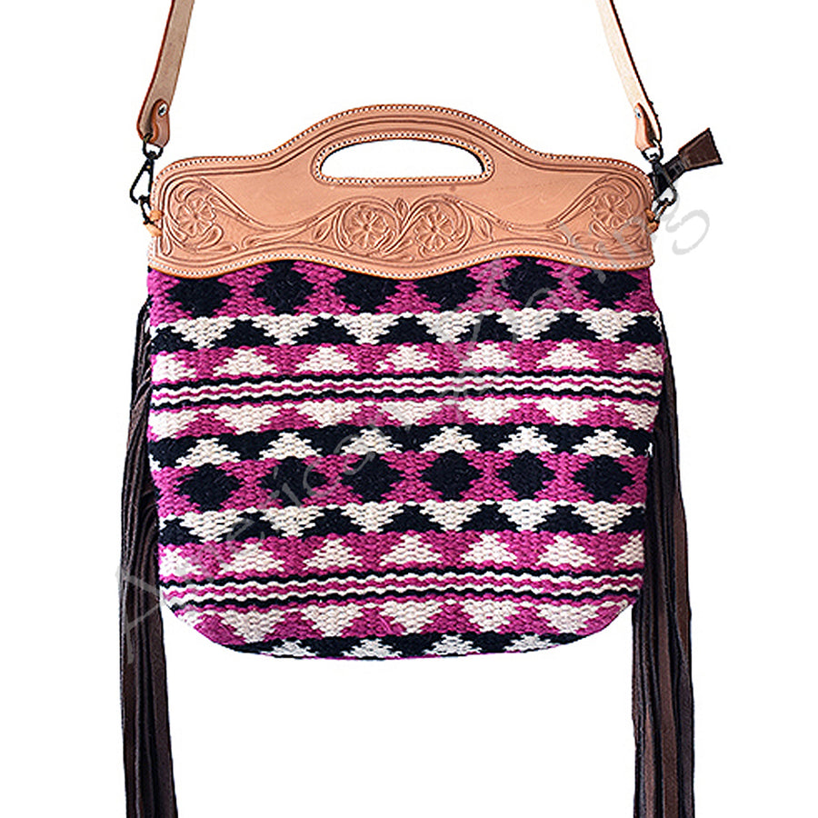 Leather and woven crossbody bag with geometric pattern - Uhorse
