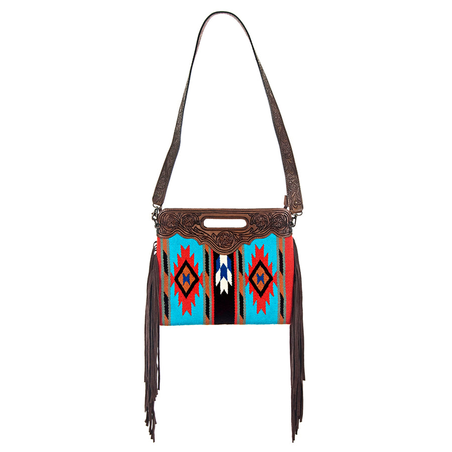 American Darling Clutch Bag, Hand Tooled Floral Leather, Hand Woven Saddle Blanket with Fringes, Western Crossbody Clutch