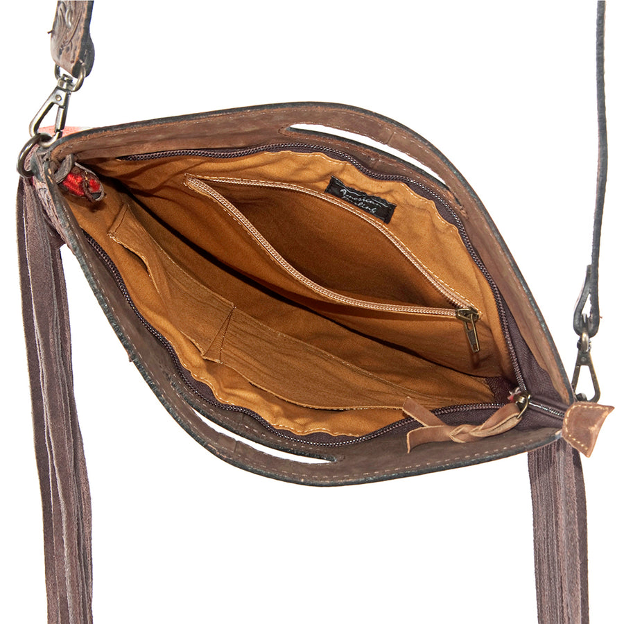 American Darling Clutch Bag, Hand Tooled Floral Leather, Hand Woven Saddle Blanket with Fringes, Western Crossbody Clutch
