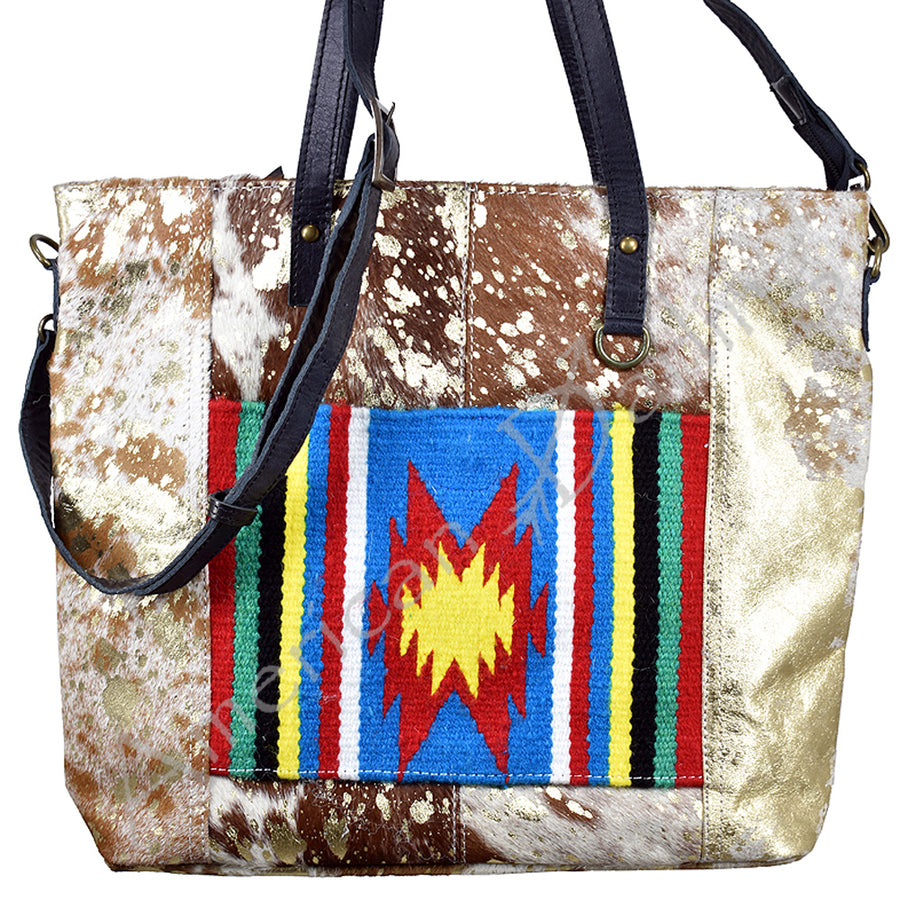 Cowhide tote bag with striped woven panel - Uhorse