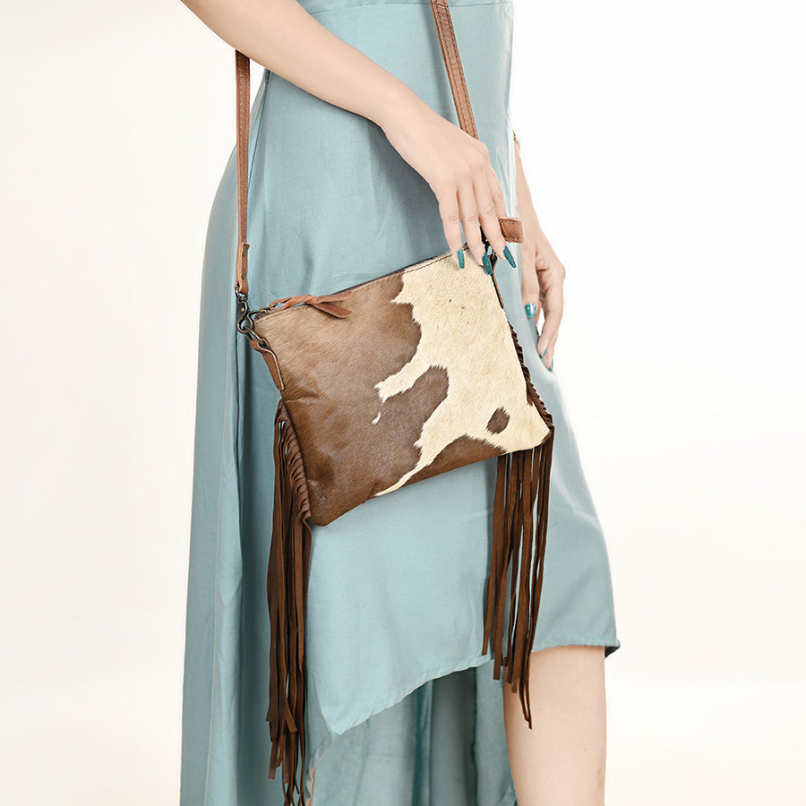 American Darling Western Small Crossbody Bag – Genuine Hair-On Cowhide Leather with Fringes, Adjustable Strap, Handcrafted in Texas