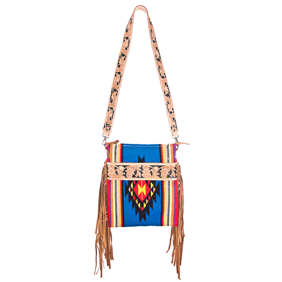 American Darling Large Cross body Bag, Hand Tooled Floral Leather, Hand Woven Saddle Blanket with Fringes, Western Crossbody
