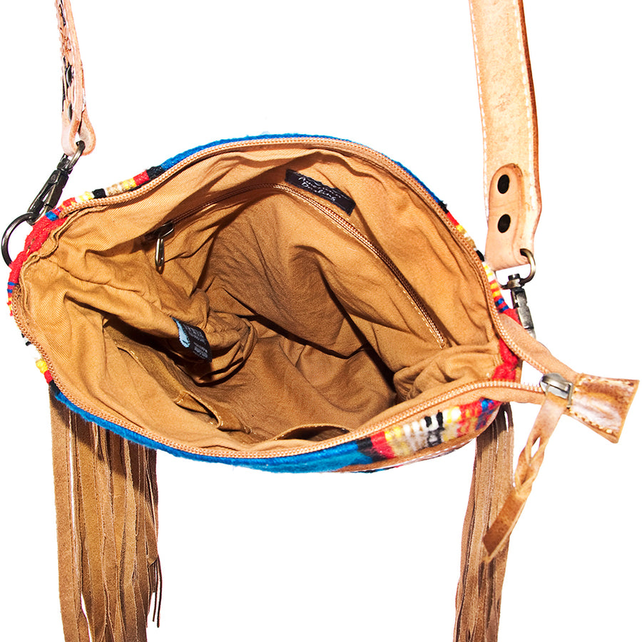 American Darling Large Cross body Bag, Hand Tooled Floral Leather, Hand Woven Saddle Blanket with Fringes, Western Crossbody