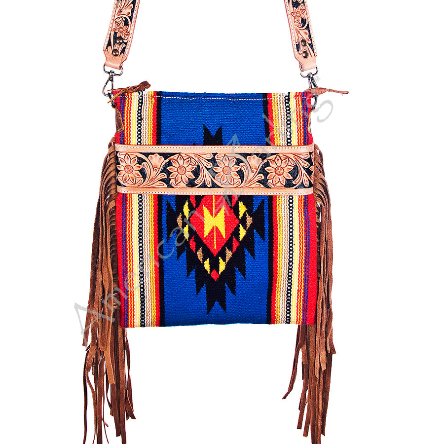 American Darling Large Cross body Bag - Hand Tooled Floral Leather and Saddle Blanket Purse - Uhorse