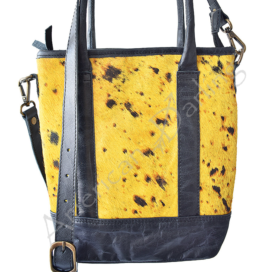 Yellow and black cowhair leather tote bag with spotted pattern - Uhorse