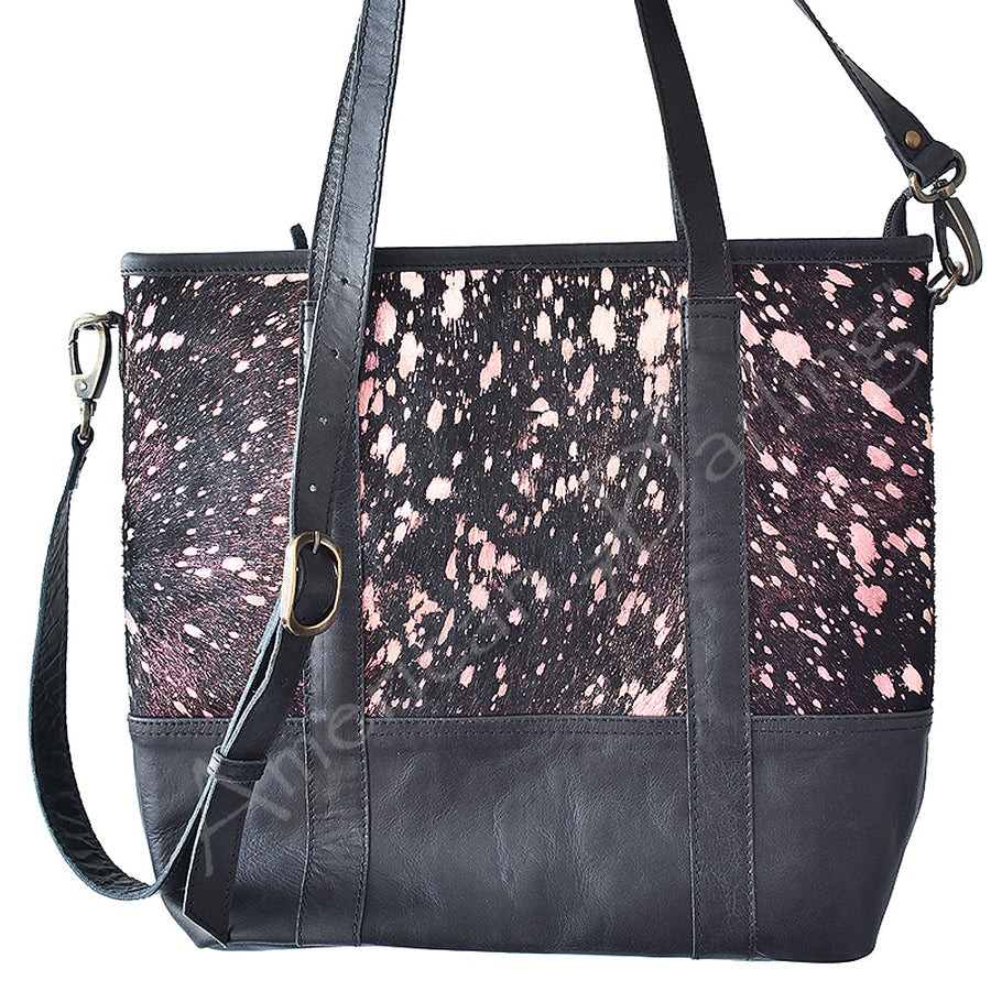 Black leather tote bag with pink and white speckled hair-on-hide upper - Uhorse