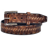 3D Western Mens Belt Leather Stitching Distressed Silver Buckle Brown