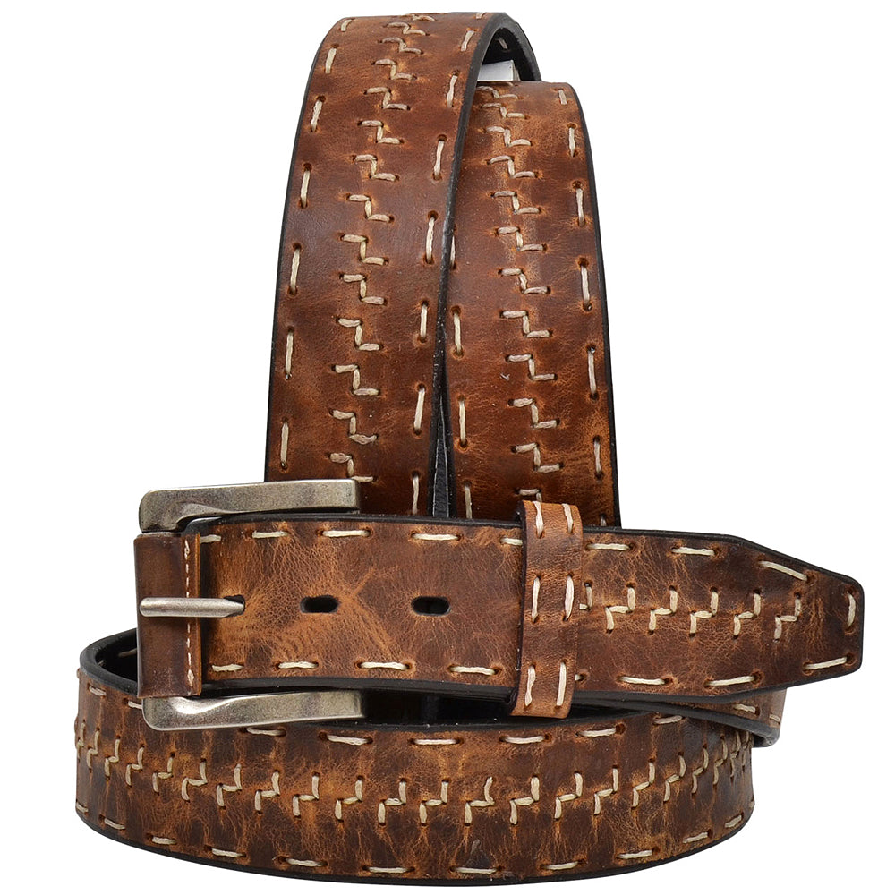 3D Western Mens Belt Leather Stitching Distressed Silver Buckle Brown
