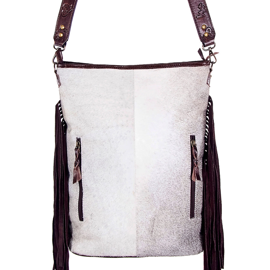 American Darling Large Cross body Bag Handcrafted from Hair-On Cowhide & Hand Tooled Genuine Leather with Fringes