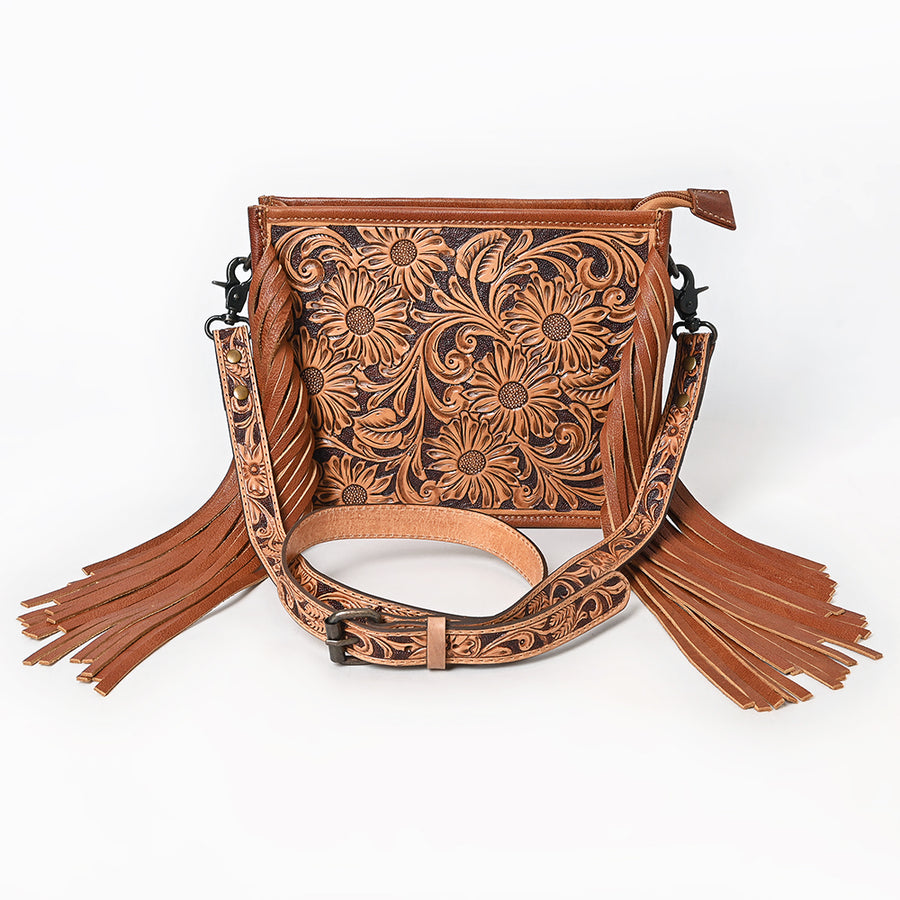 American Darling Messenger Bag Handcrafted from Hand Tooled Floral Carved Genuine Leather with Fringes and YKK Zipper