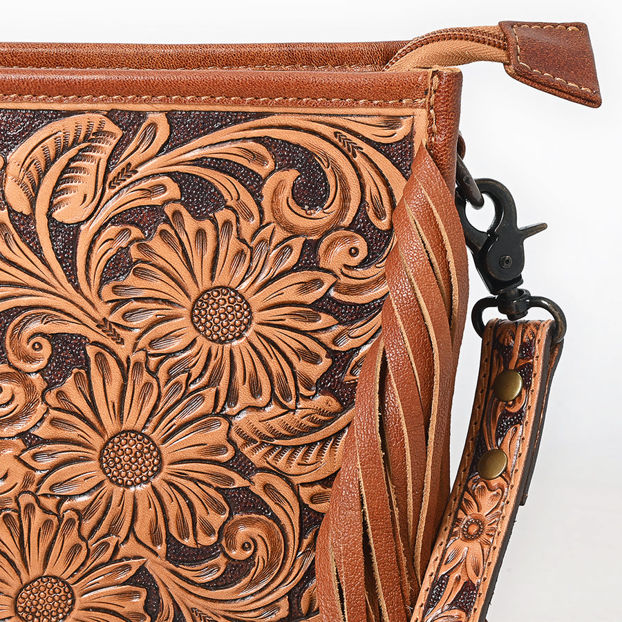 American Darling Messenger Bag Handcrafted from Hand Tooled Floral Carved Genuine Leather with Fringes and YKK Zipper