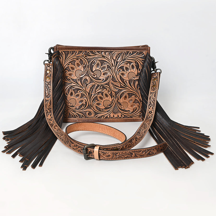 American Darling Messenger Bag Handcrafted from Hand Tooled Floral Carved Genuine Leather with Fringes and YKK Zipper
