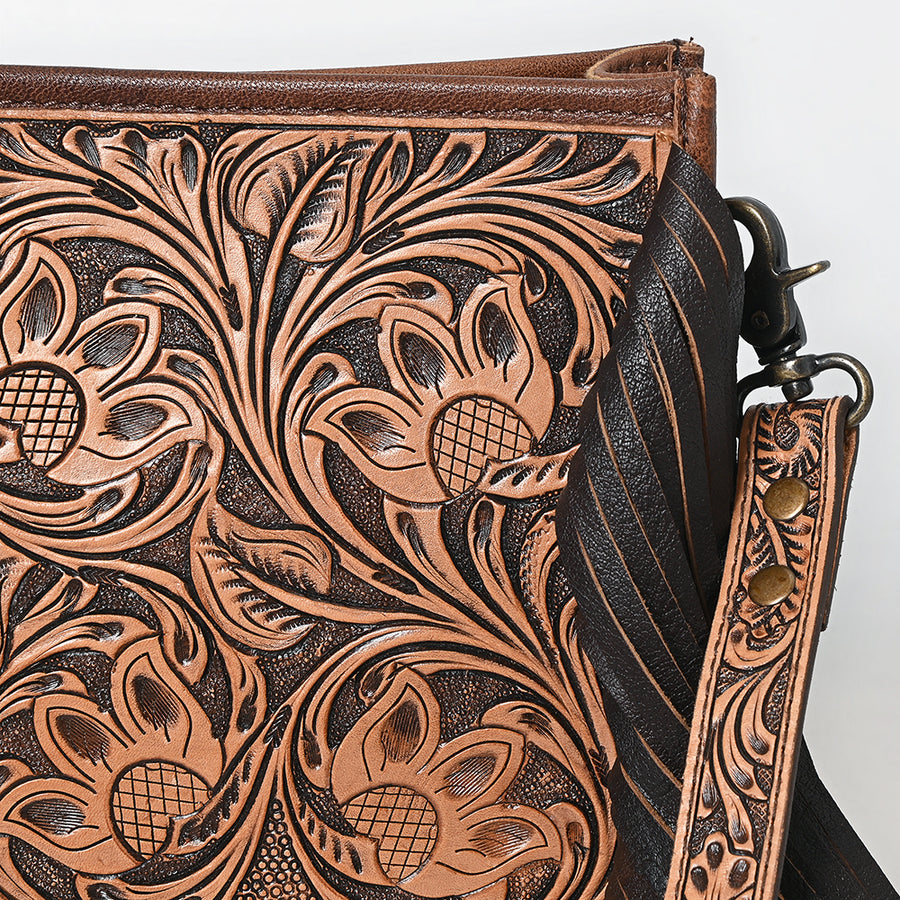 American Darling Messenger Bag Handcrafted from Hand Tooled Floral Carved Genuine Leather with Fringes and YKK Zipper