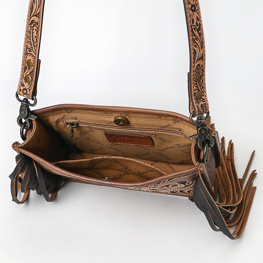 American Darling Messenger Bag Handcrafted from Hand Tooled Floral Carved Genuine Leather with Fringes and YKK Zipper