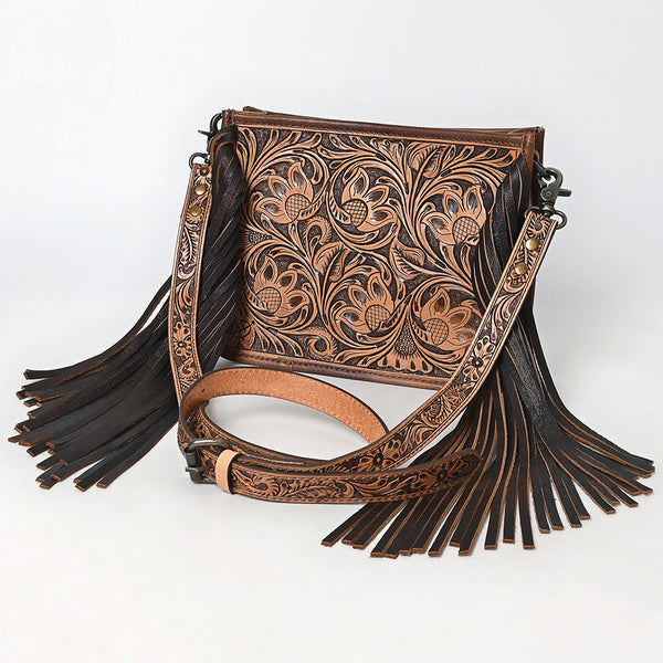 Leather crossbody bag with tooled floral design and fringe - Uhorse