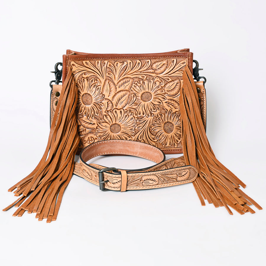 American Darling Messenger Bag Handcrafted from Hand Tooled Floral Carved Genuine Leather with Fringes and YKK Zipper