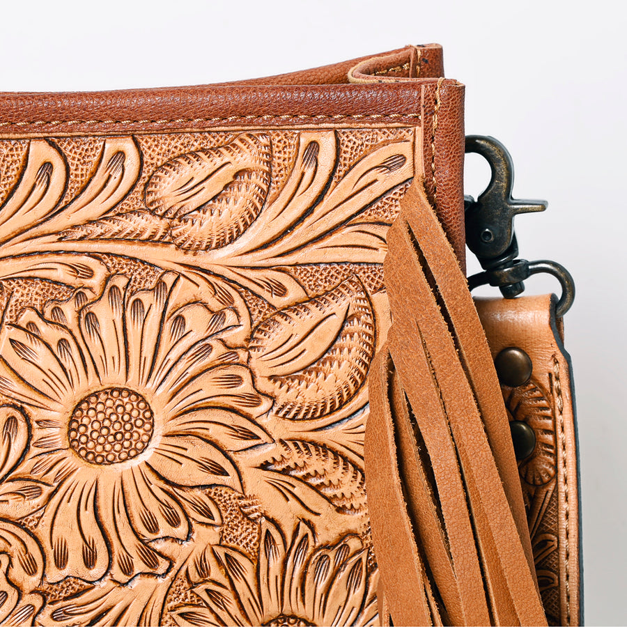 American Darling Messenger Bag Handcrafted from Hand Tooled Floral Carved Genuine Leather with Fringes and YKK Zipper