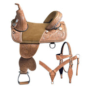 HILASON Treeless Western Trail Barrel Racing American Leather Saddle With Tack Set