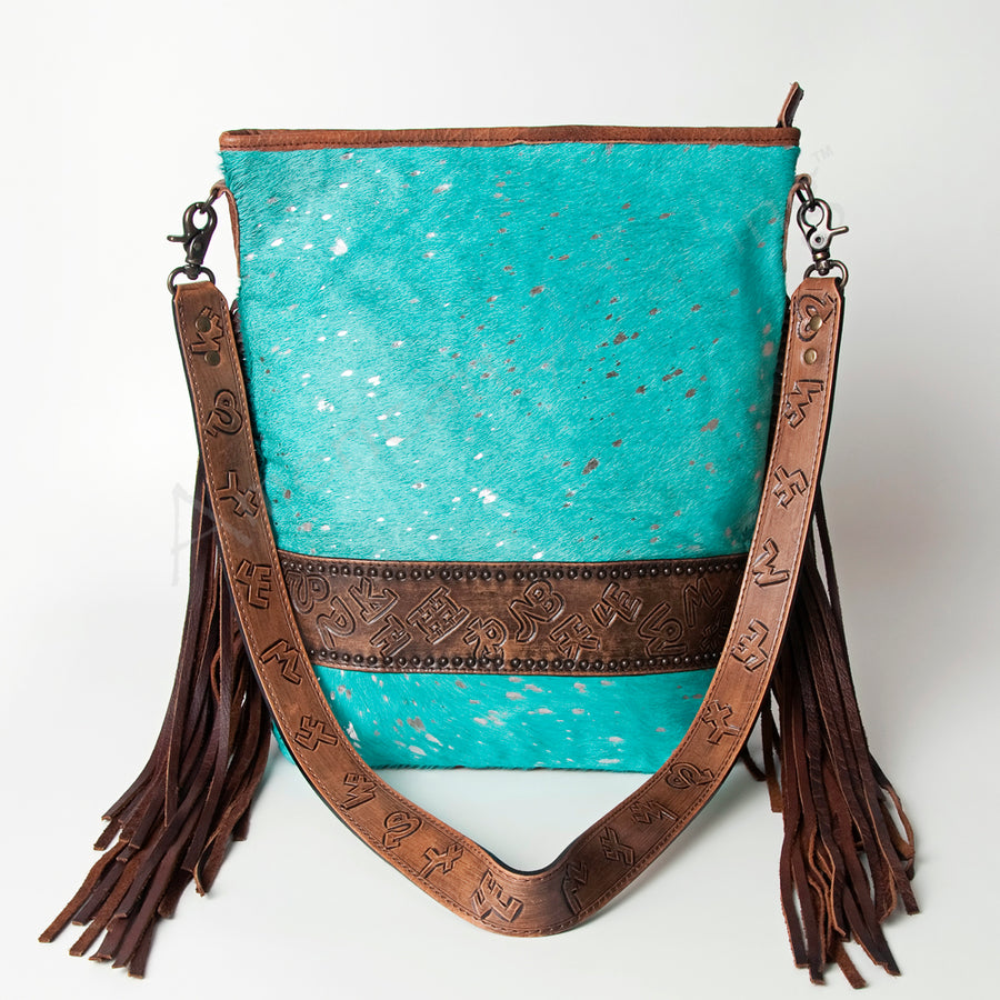 American Darling Large Cross body Bag Handcrafted from Hair-On Cowhide & Hand Tooled Genuine Leather with Fringes