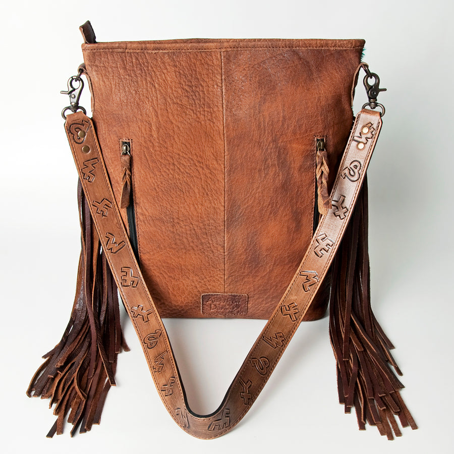 American Darling Large Cross body Bag Handcrafted from Hair-On Cowhide & Hand Tooled Genuine Leather with Fringes