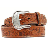 Nocona Western Mens Belt Leather Tooled Floral Contrast Stitching Tan