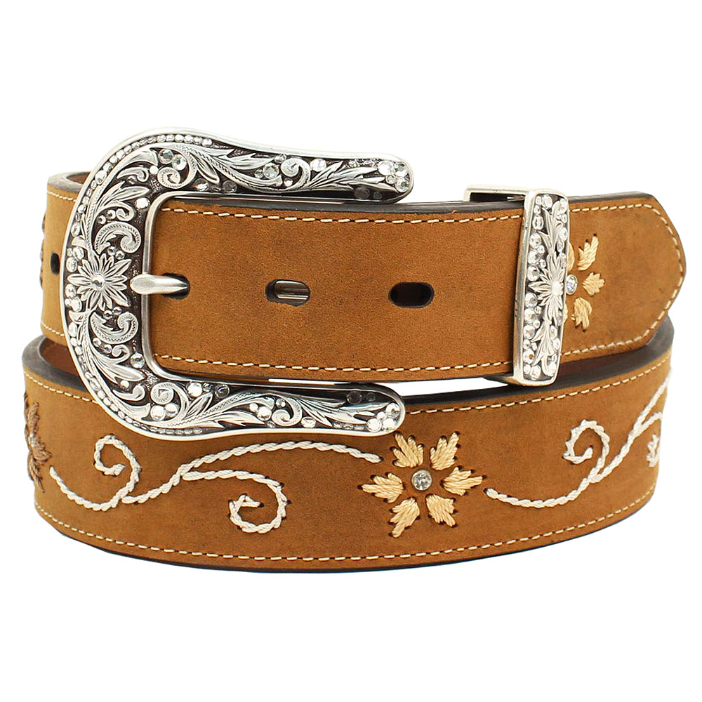 Nocona Womens Belt Genuine Leather Floral Stitched Brown