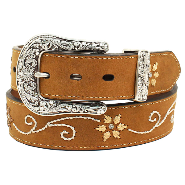 Nocona women's Belt Genuine Leather Floral Stitched Brown - Uhorse