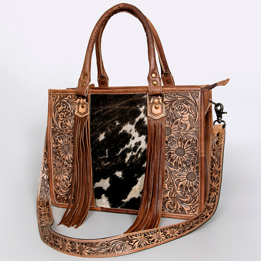 American Darling Western Leather Tote Bag - Hand Tooled Floral with Hair on Cowhide - Uhorse