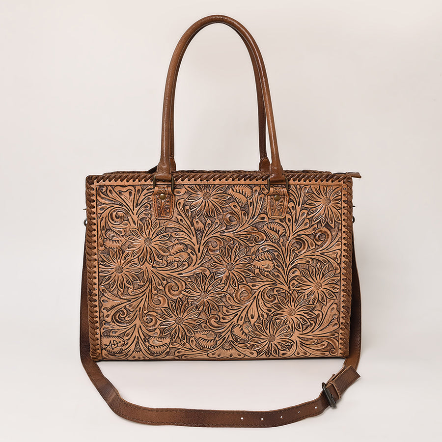 American Darling Tote Bag - Western Leather Hand Tooled Floral Carved Purse with Braided Detailing & Secure YKK Zipper