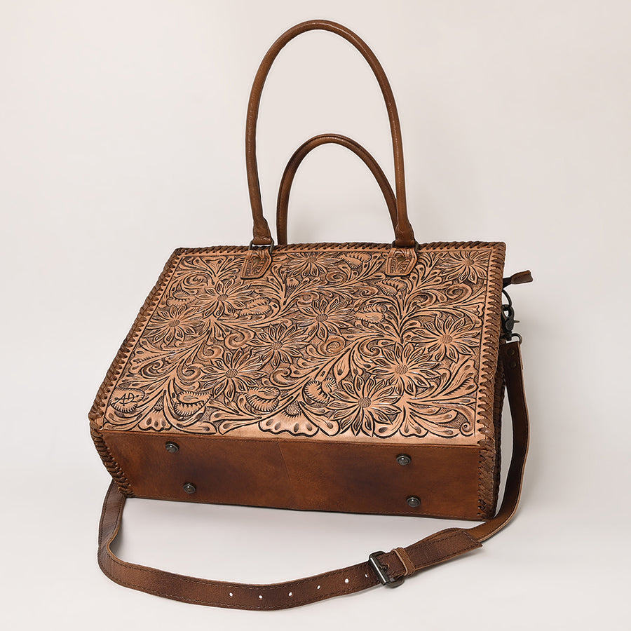 American Darling Tote Bag - Western Leather Hand Tooled Floral Carved Purse with Braided Detailing & Secure YKK Zipper