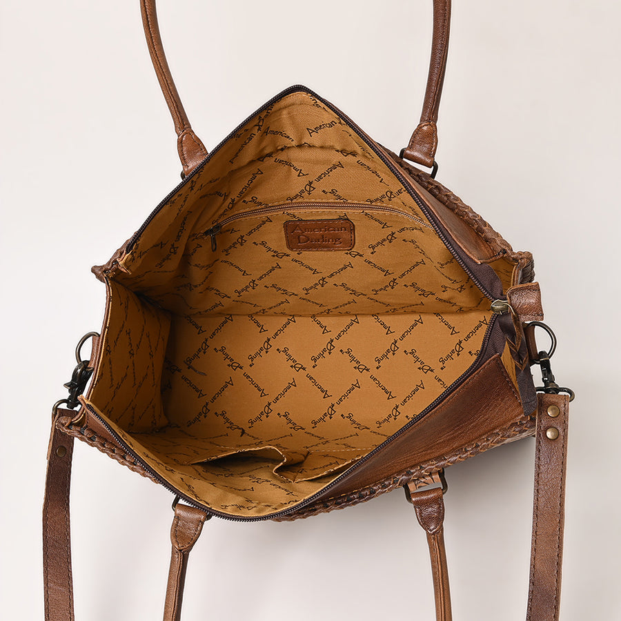 American Darling Tote Bag - Western Leather Hand Tooled Floral Carved Purse with Braided Detailing & Secure YKK Zipper