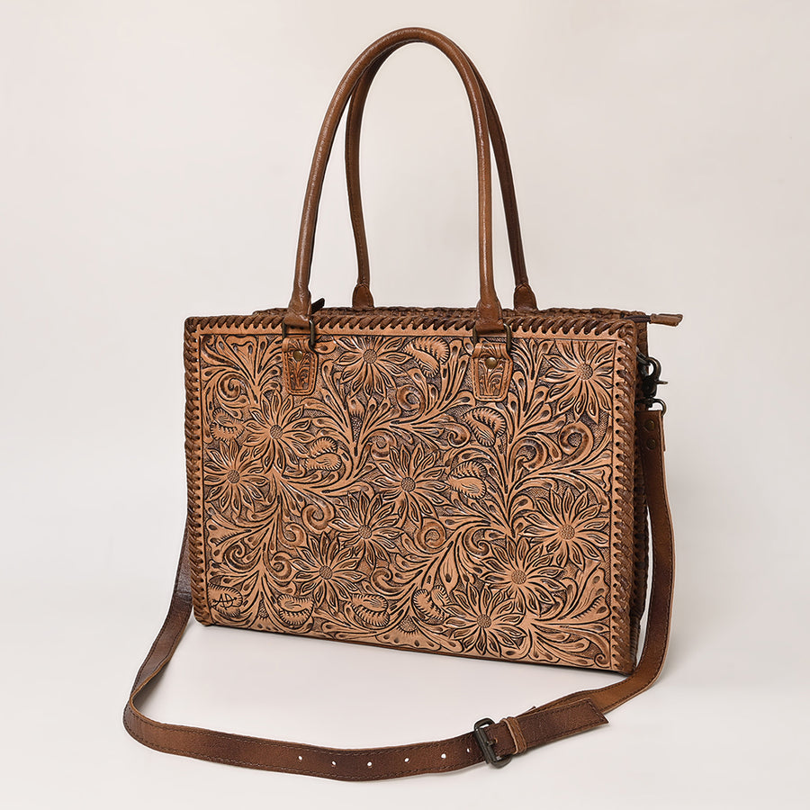 American Darling Western Leather Tote Bag - Hand Tooled Floral Carved Braided Purse - Uhorse