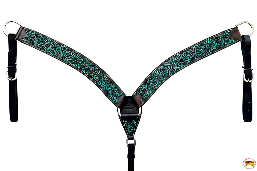 Hilason Black & Turquoise Hand-Tooled Floral Leather Western Breast Collar