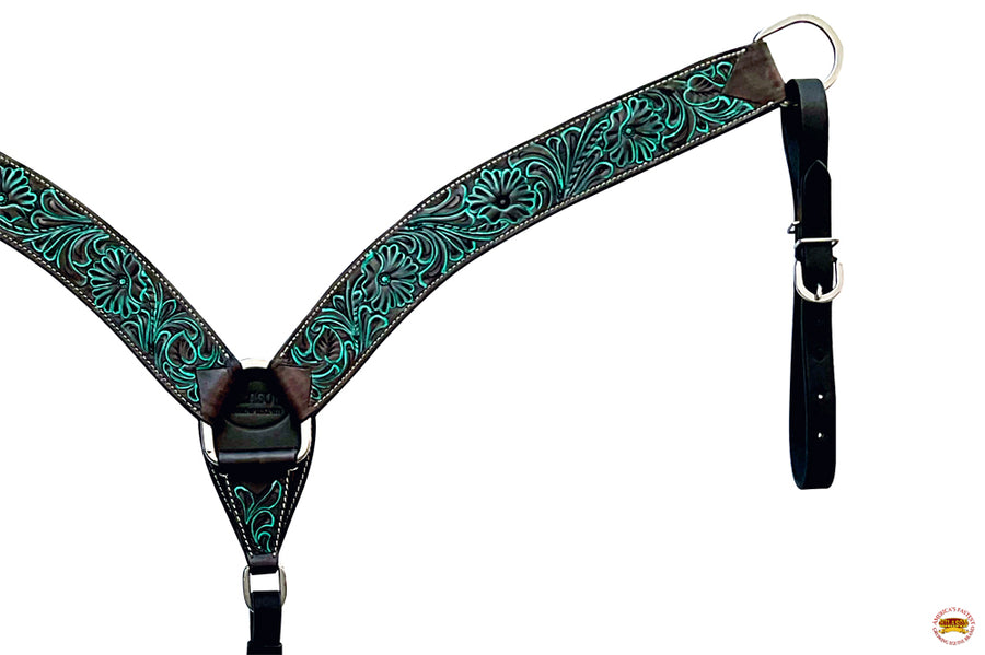 Hilason Black & Turquoise Hand-Tooled Floral Leather Western Breast Collar