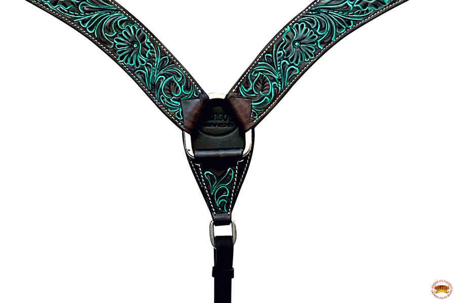 Hilason Black & Turquoise Hand-Tooled Floral Leather Western Breast Collar