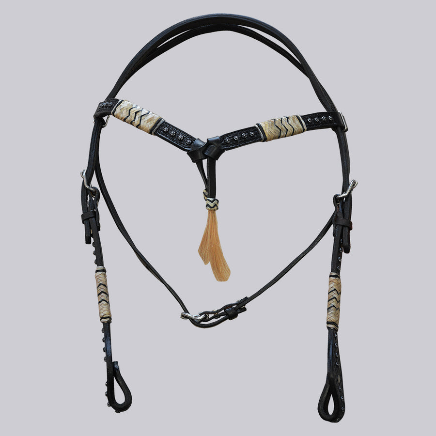 Hilason Western American Leather Horse Headstall Breast Collar Black Rawhide Braided