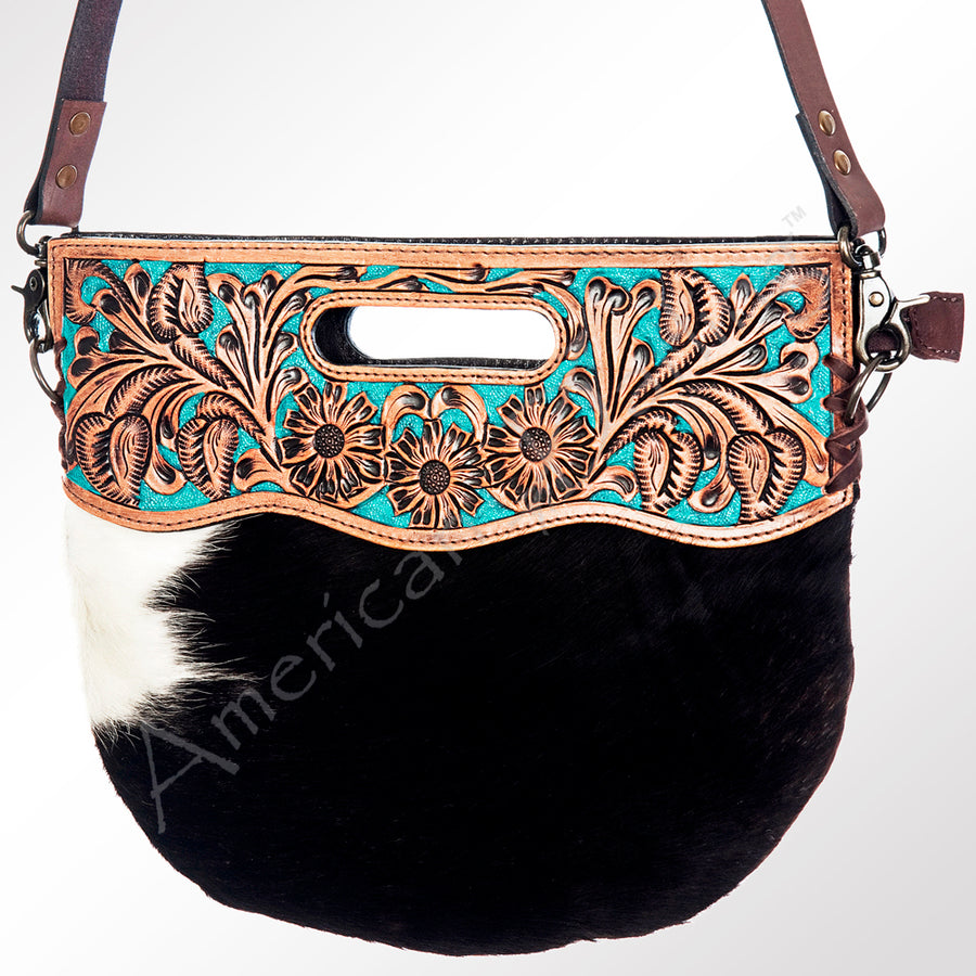 American Darling Western Leather Clutch Bag Hand Tooled Floral Carved Cowhide Purse with Fringes and YKK Zipper