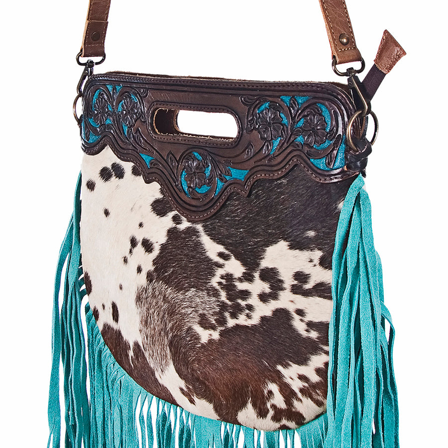 American Darling Western Leather Clutch Bag Hand Tooled Floral Carved Cowhide Purse with Fringes and YKK Zipper