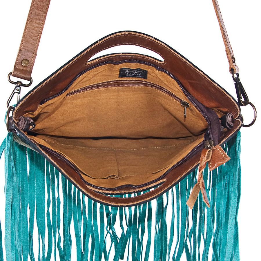 American Darling Western Leather Clutch Bag Hand Tooled Floral Carved Cowhide Purse with Fringes and YKK Zipper