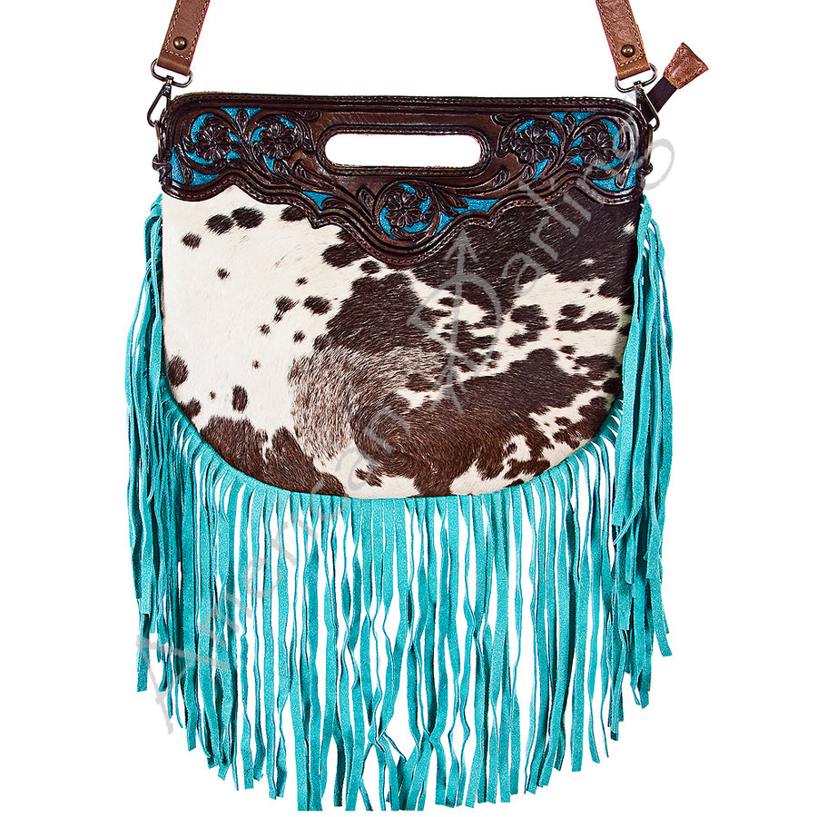 American Darling Western Leather Clutch Bag Hand Tooled Floral Carved Cowhide Purse with Fringes and YKK Zipper